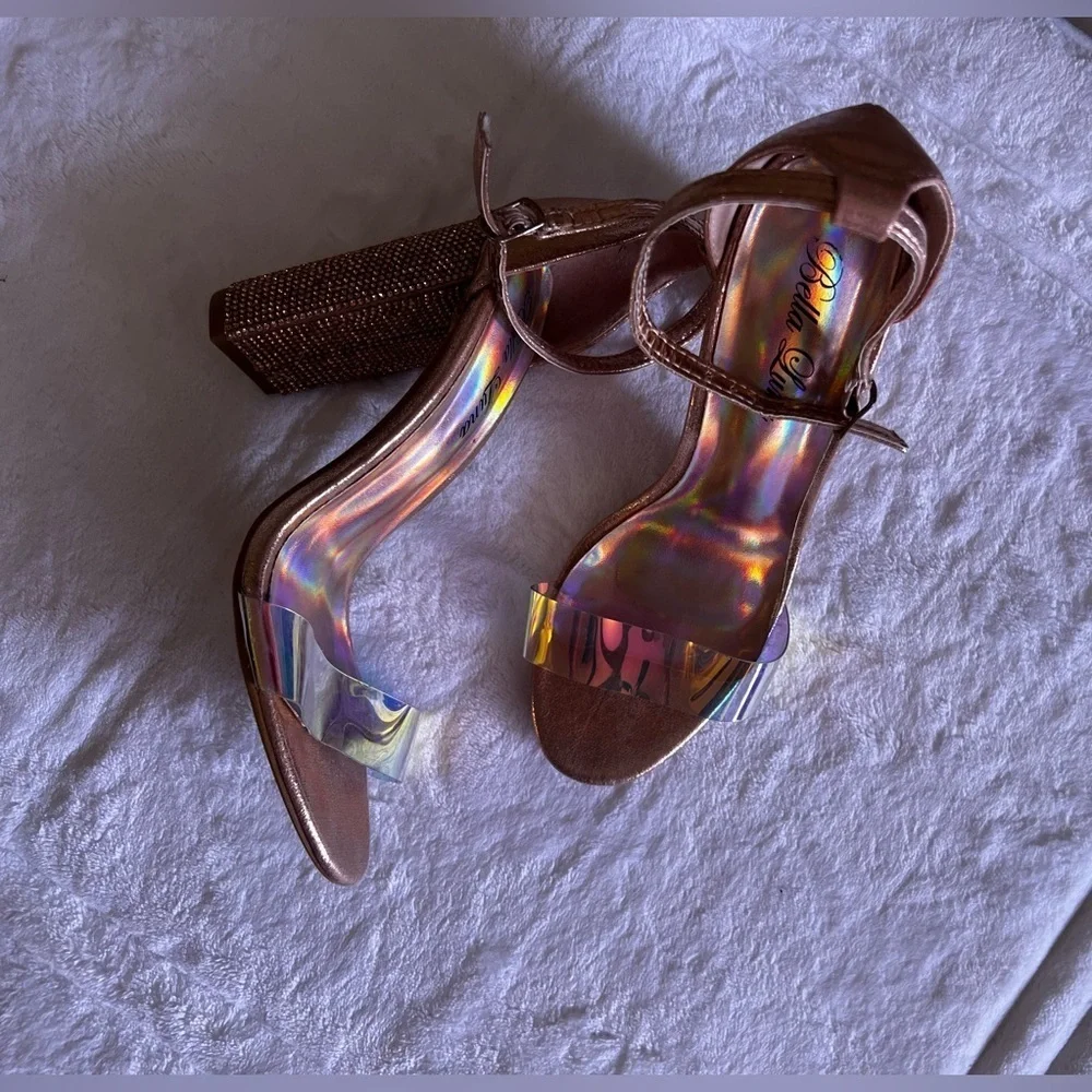 Bella Luna STAN Nude Champagne Bright Rhinestone Chunky Platform Mary Jane Heels